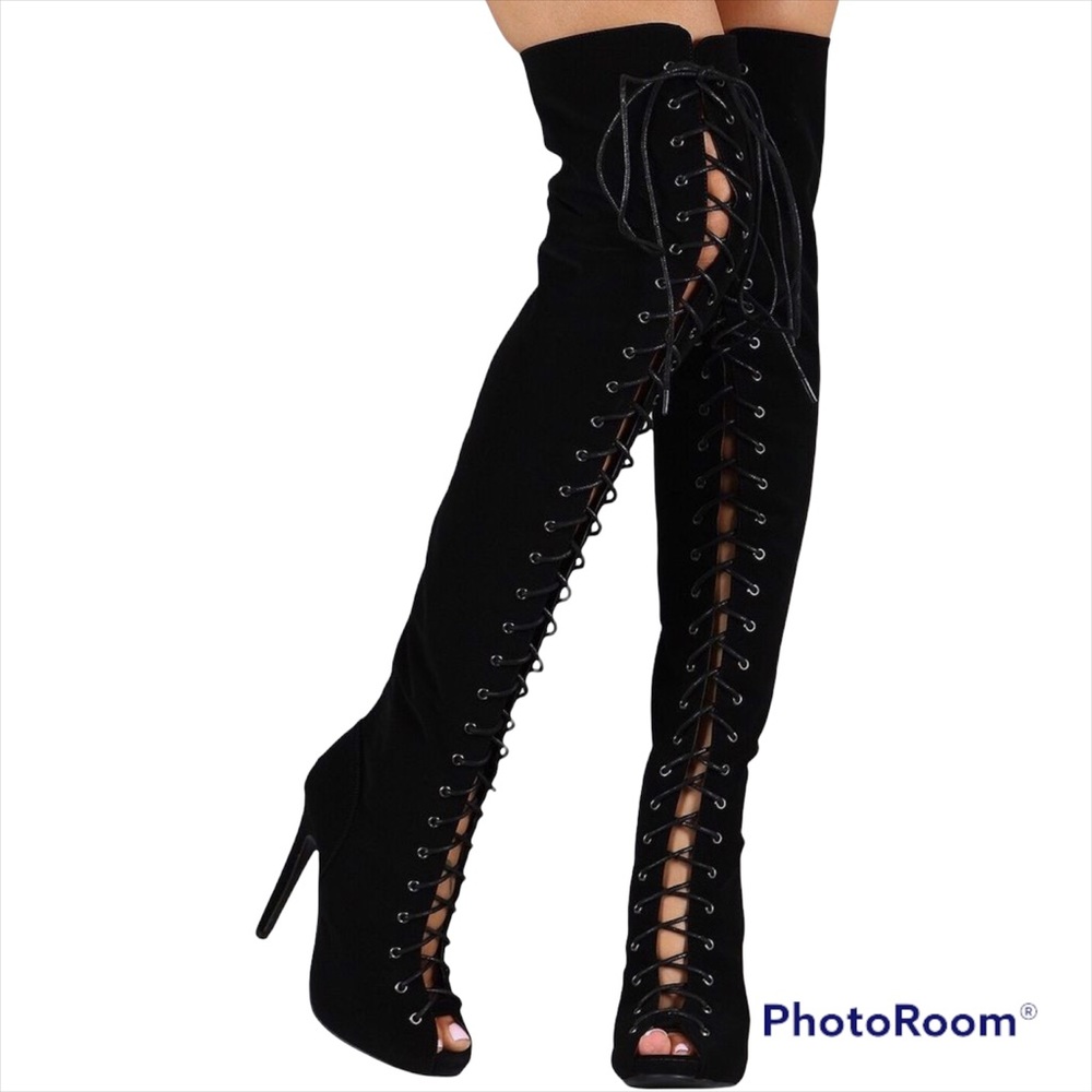 New! Thigh high  lace- up black suede heel boots